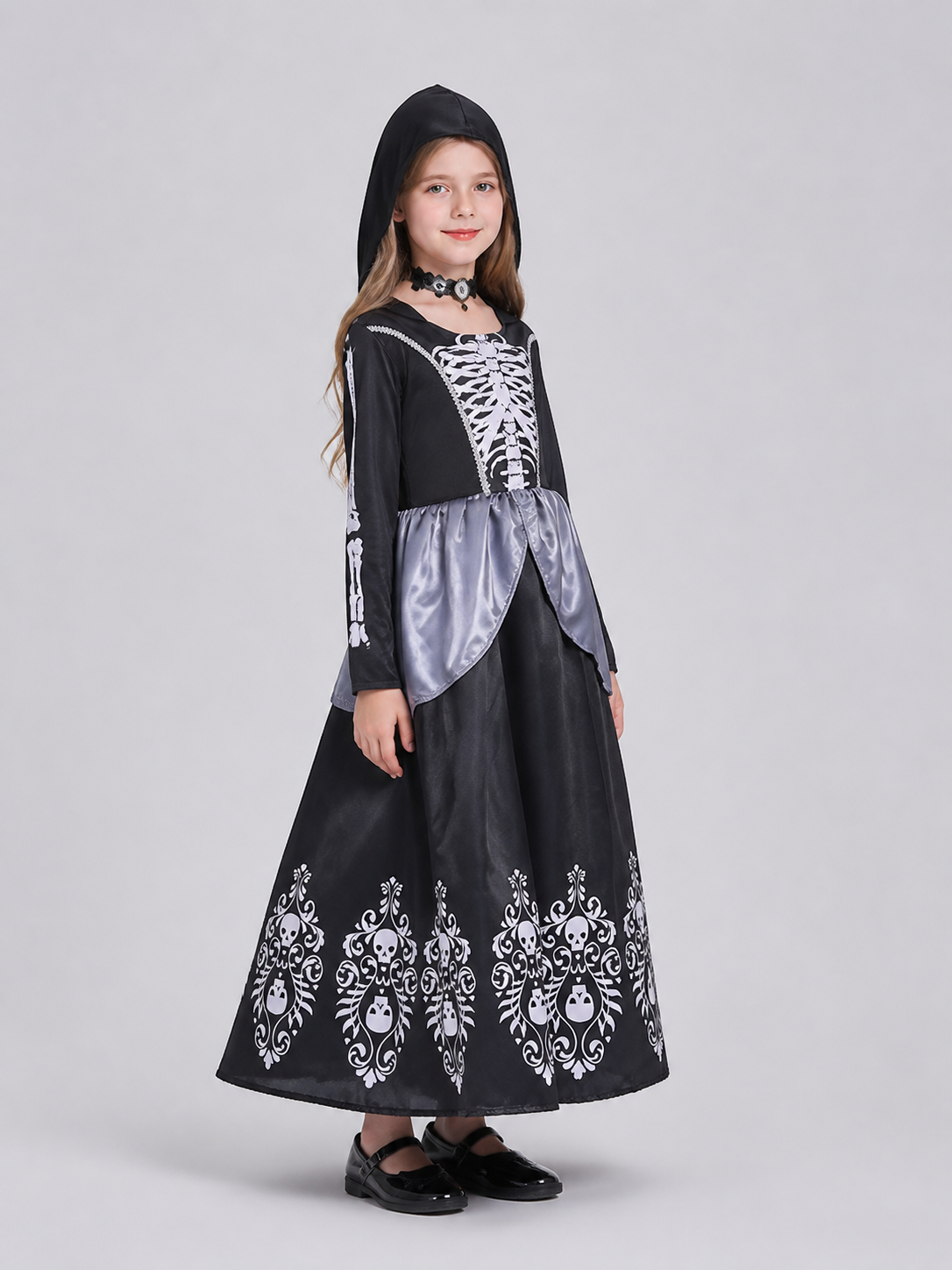 Black Halloween Dress with Hood and Skeleton Design