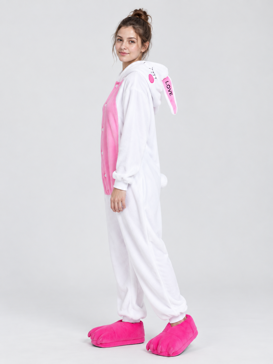 White and Pink Hooded Pajama Jumpsuit with Ears