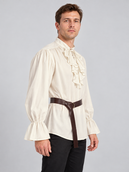 Beige ruffled shirt with puffy sleeves and a belt