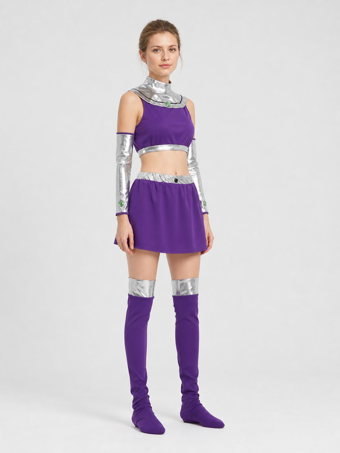 Starfire Cosplay Costume, Top, Skirt, and Accessories side view