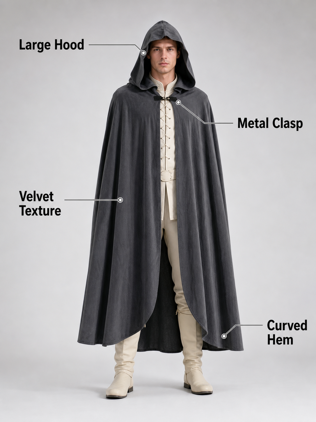 Adult Fantasy Hooded Cape, Long Dark Gray Cloak With Front Tie Closure, Wide side view 7