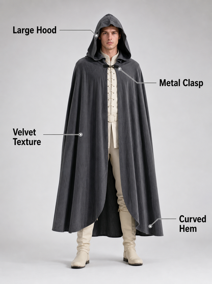Adult Fantasy Hooded Cape, Long Dark Gray Cloak With Front Tie Closure, Wide side view 7