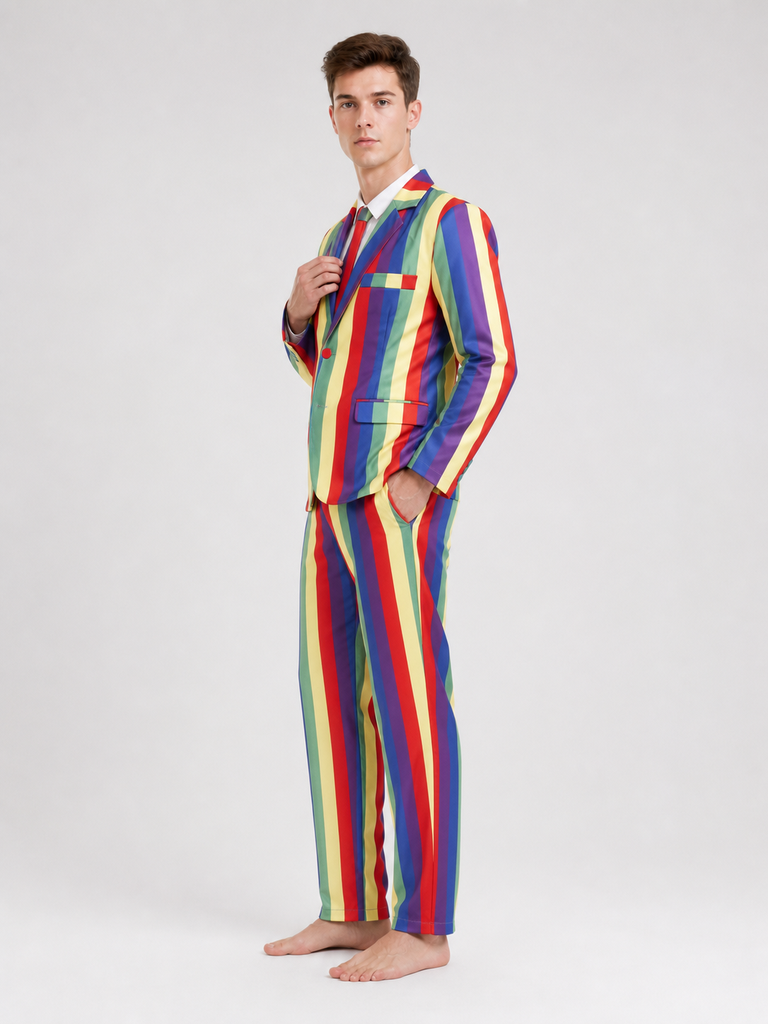 Striped multicolor blazer and pants set—a bold choice for a festive look