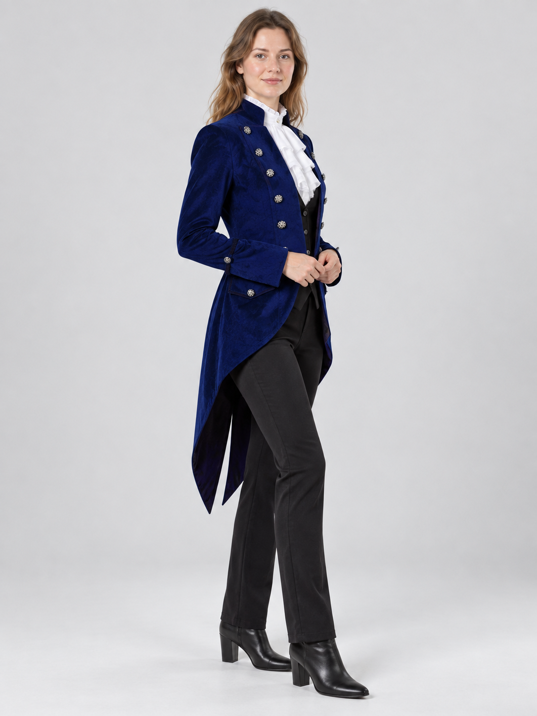 Blue long tailcoat with a stand collar and buttons