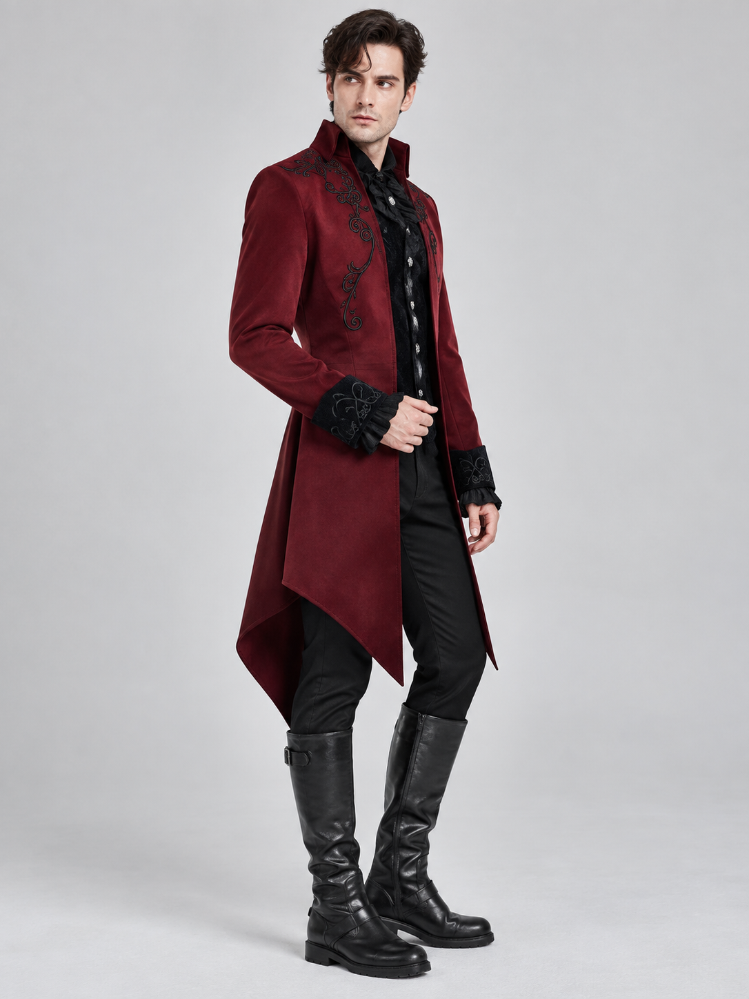 Burgundy Vampire Carnival Tailcoat with Black Embroidery