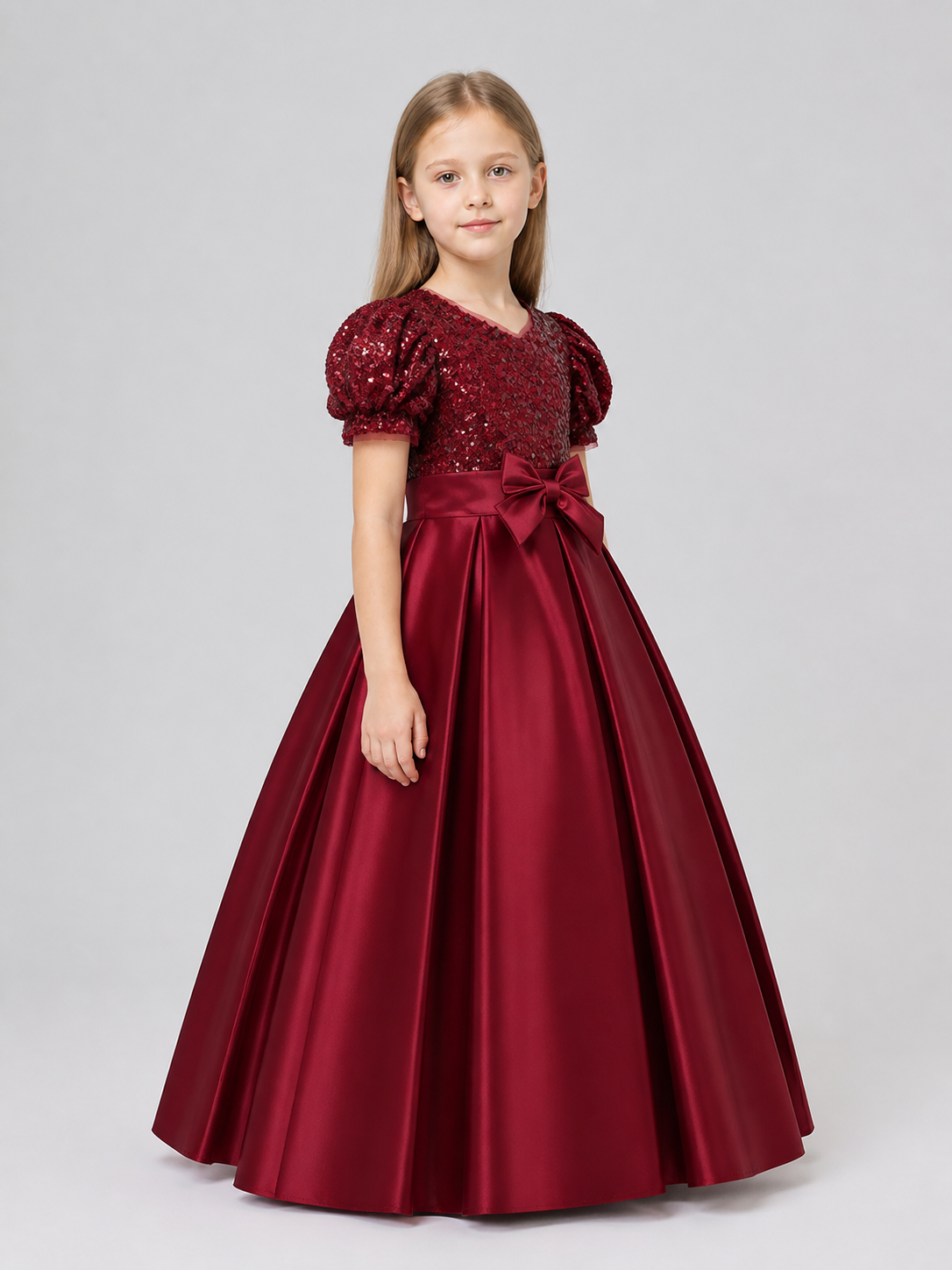 Burgundy Sequin Princess Dress for Girls, Floor-Length side view