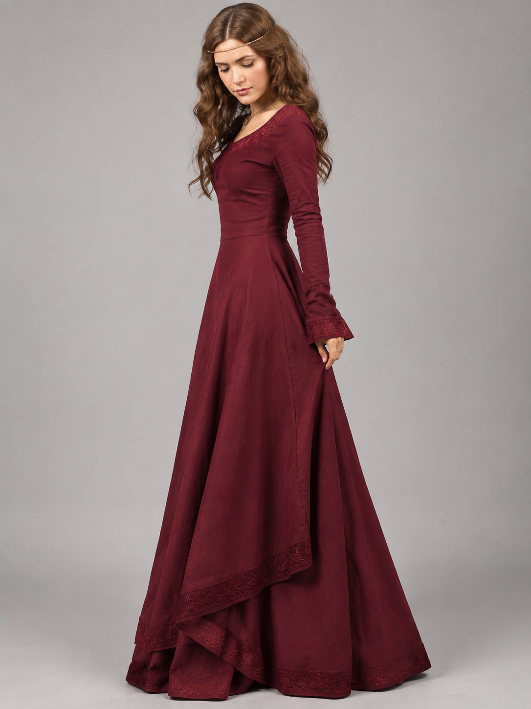 Long Burgundy Dress with a High Waist side view