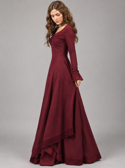 Long Burgundy Dress with a High Waist side view