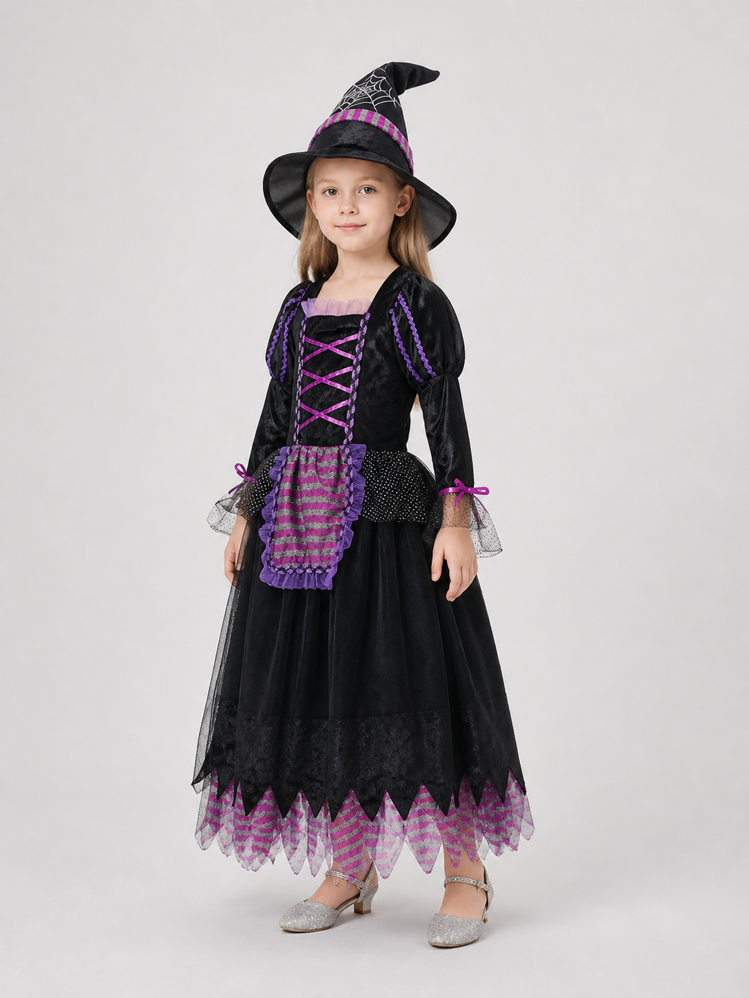 Children's Purple Witch Dress with Full Skirt and Hat side view