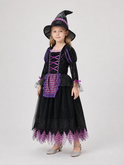 Children's Purple Witch Dress with Full Skirt and Hat side view