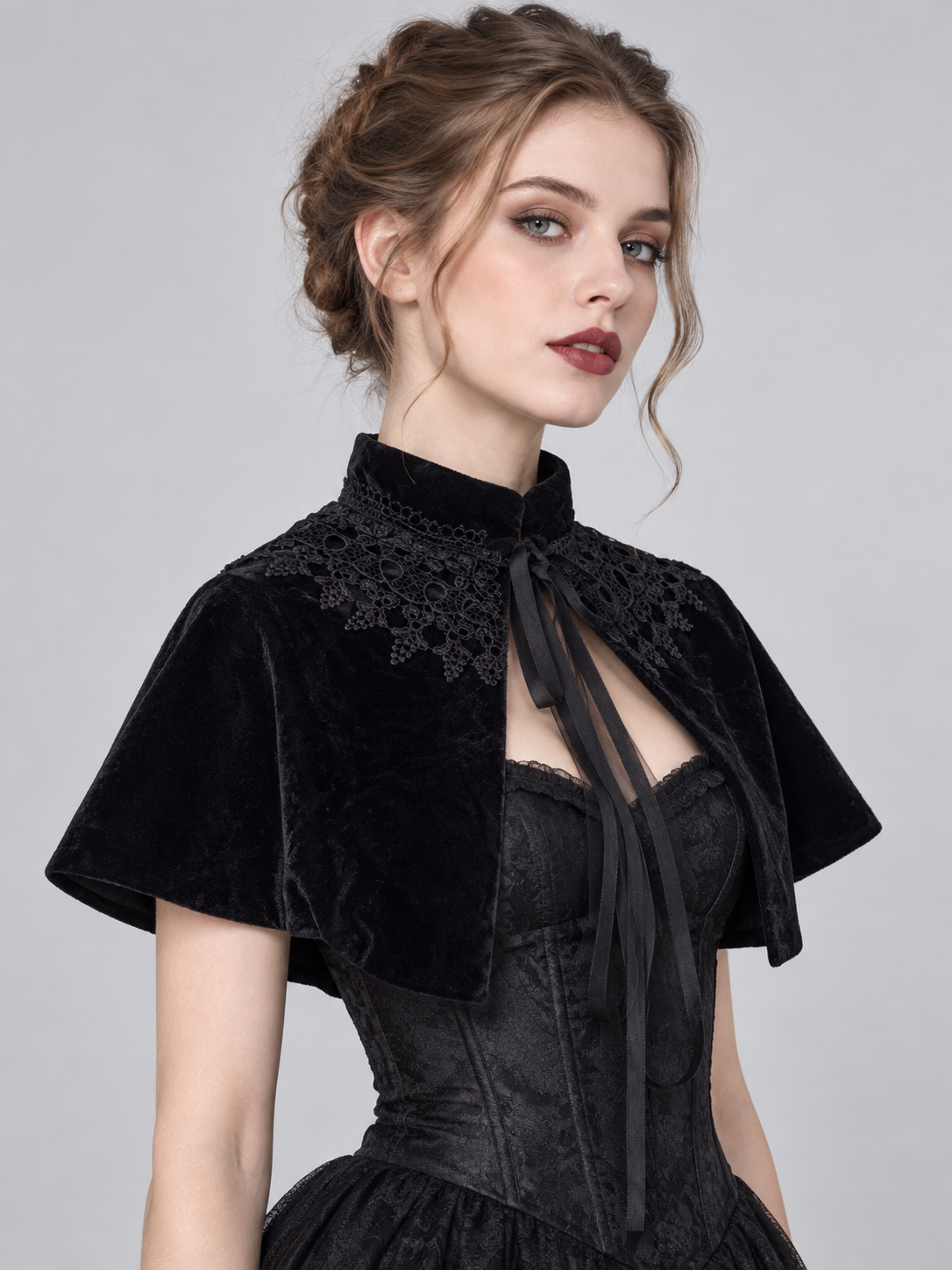 Black Velvet Short Capelet with Lace and Ties