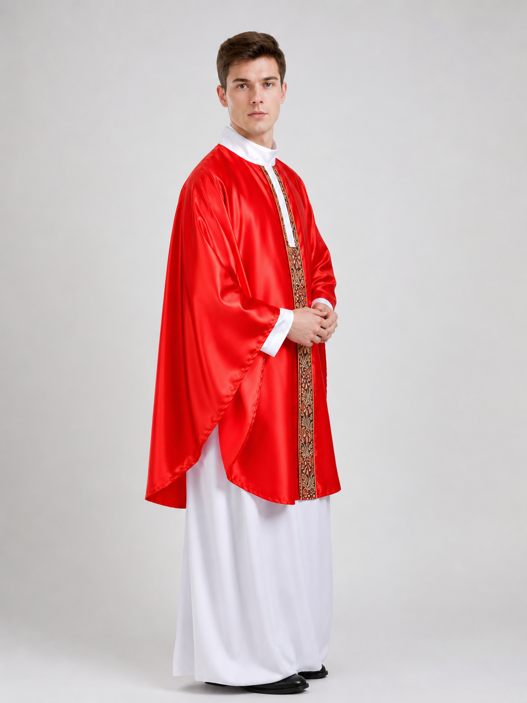 Papal-Style Ceremonial Costume Set With Red Robe, White Undergarment And Pointed Mitre Hat For Stage, Film And Themed Events