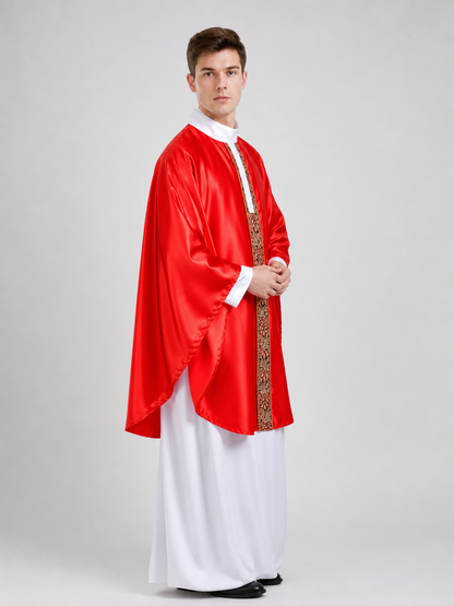 Papal-Style Ceremonial Costume Set With Red Robe, White Undergarment And Pointed Mitre Hat For Stage, Film And Themed Events