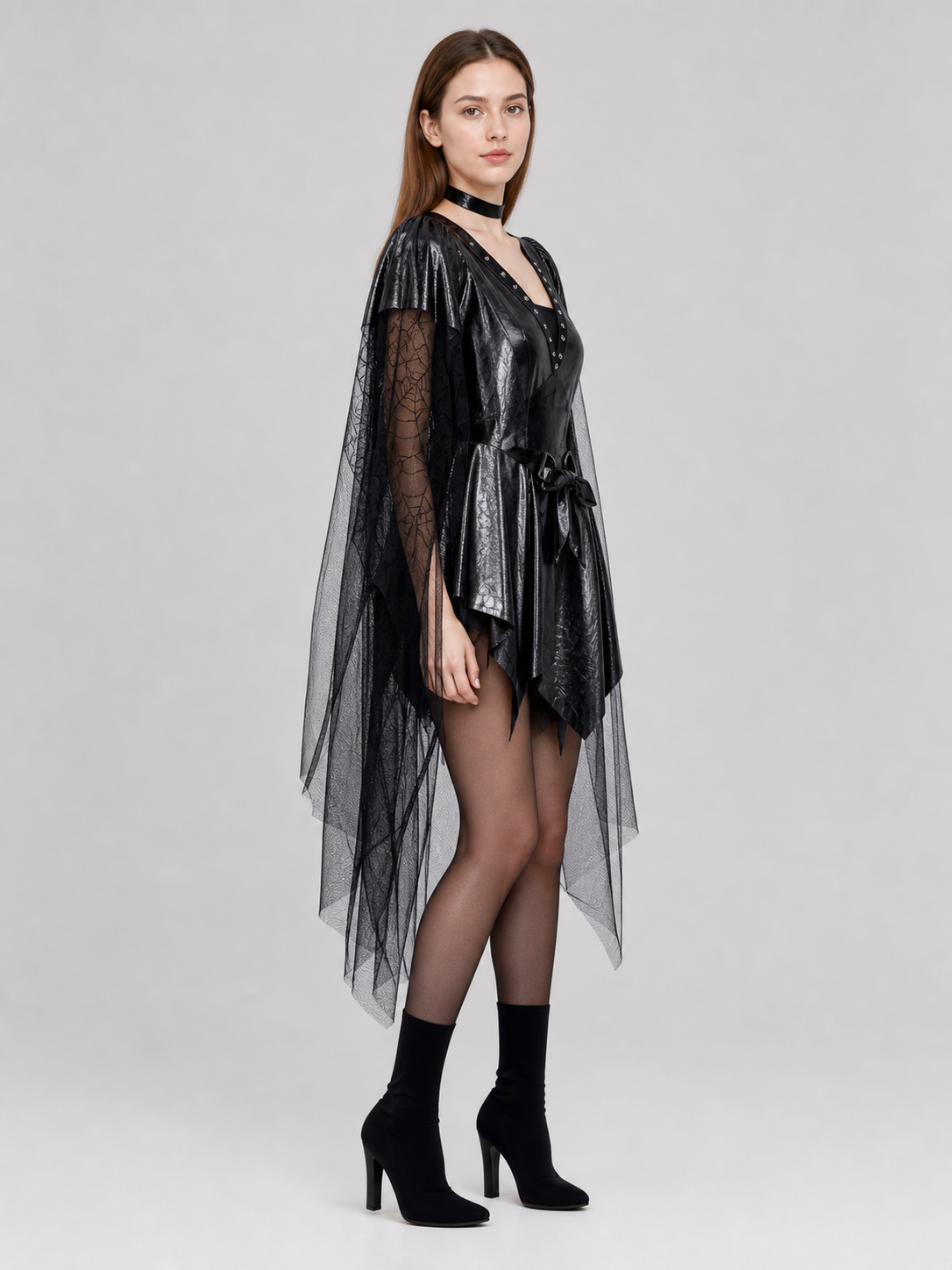 Black vampire costume with cape and mask for a party side view
