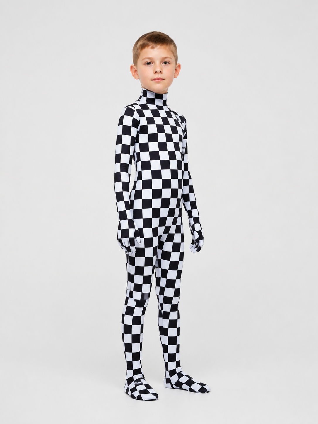 Hooded Jumpsuit with Covered Feet, Checkered Pattern side view