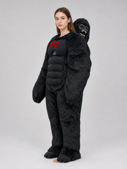 Inflatable gorilla costume with a red bow tie
