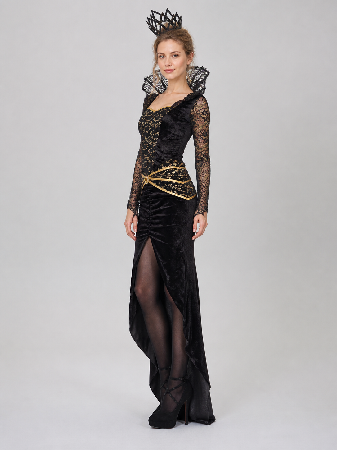 Black Dress with Lace Sleeves and Gold Pattern side view
