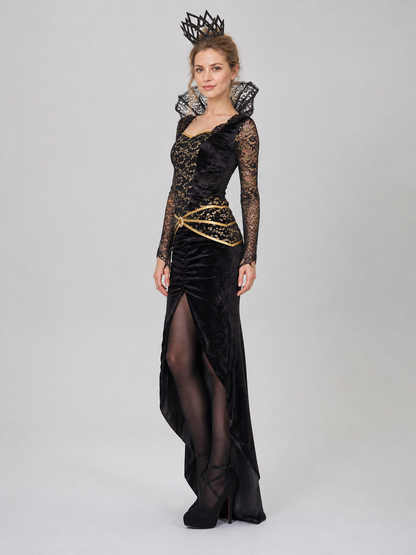 Black Dress with Lace Sleeves and Gold Pattern side view