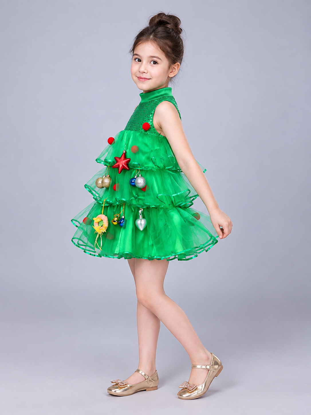 Green Children's Christmas Tree Dress for Performances side view