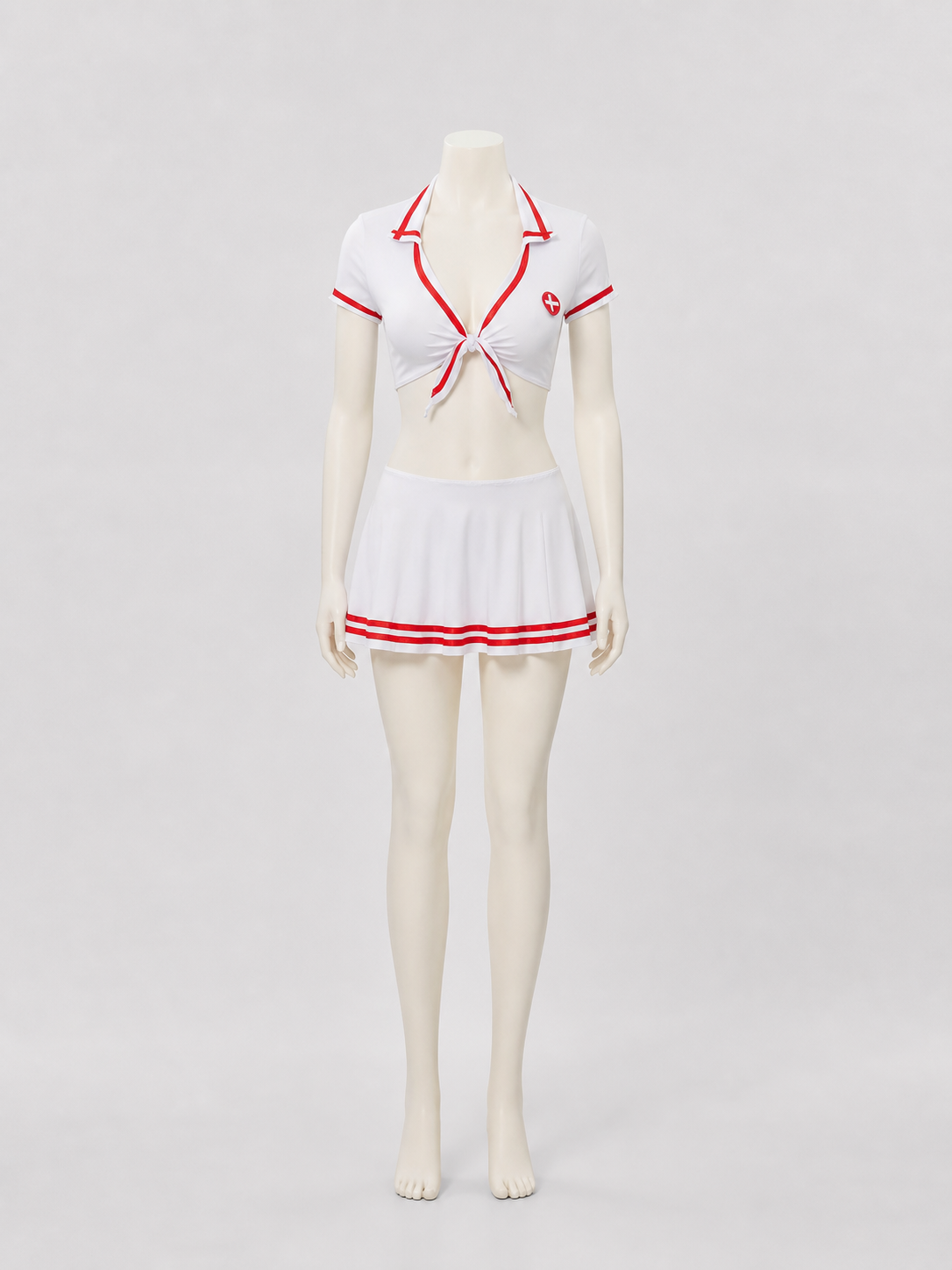 Nurse Costume: White Uniform, Skirt, Red Trim side view