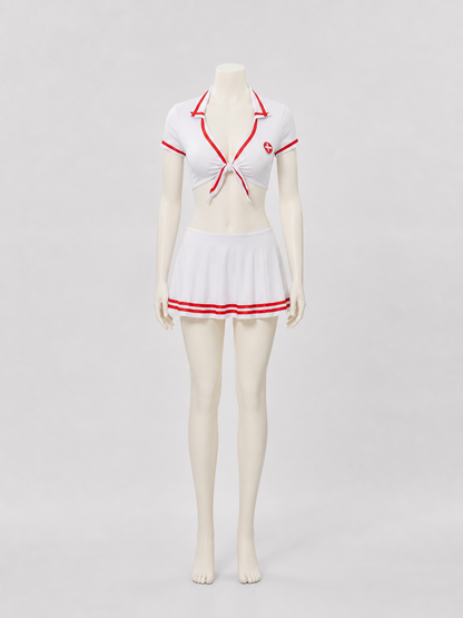Nurse Costume: White Uniform, Skirt, Red Trim side view