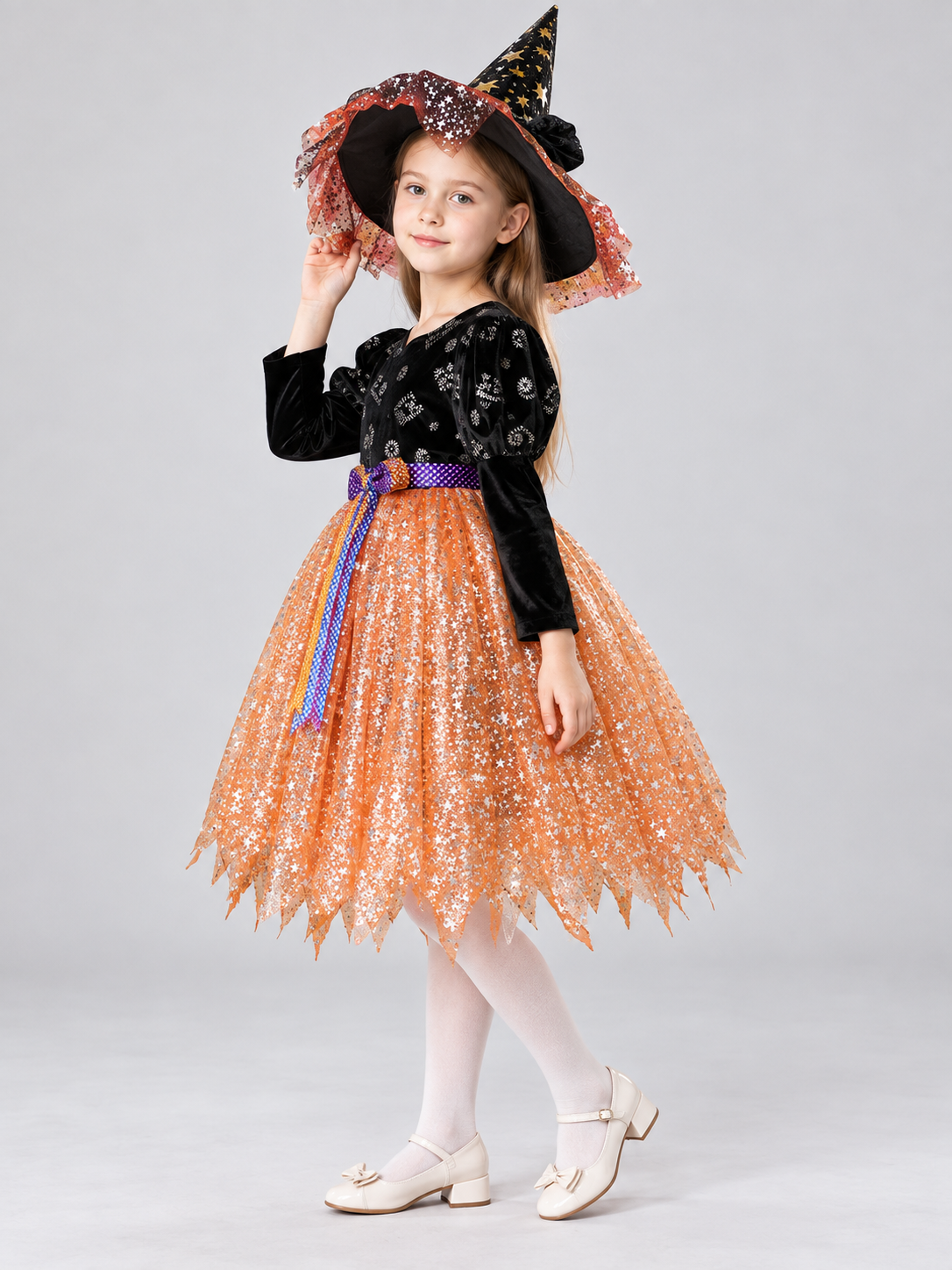 Kids' Witch Halloween Costume with Hat and Sequins