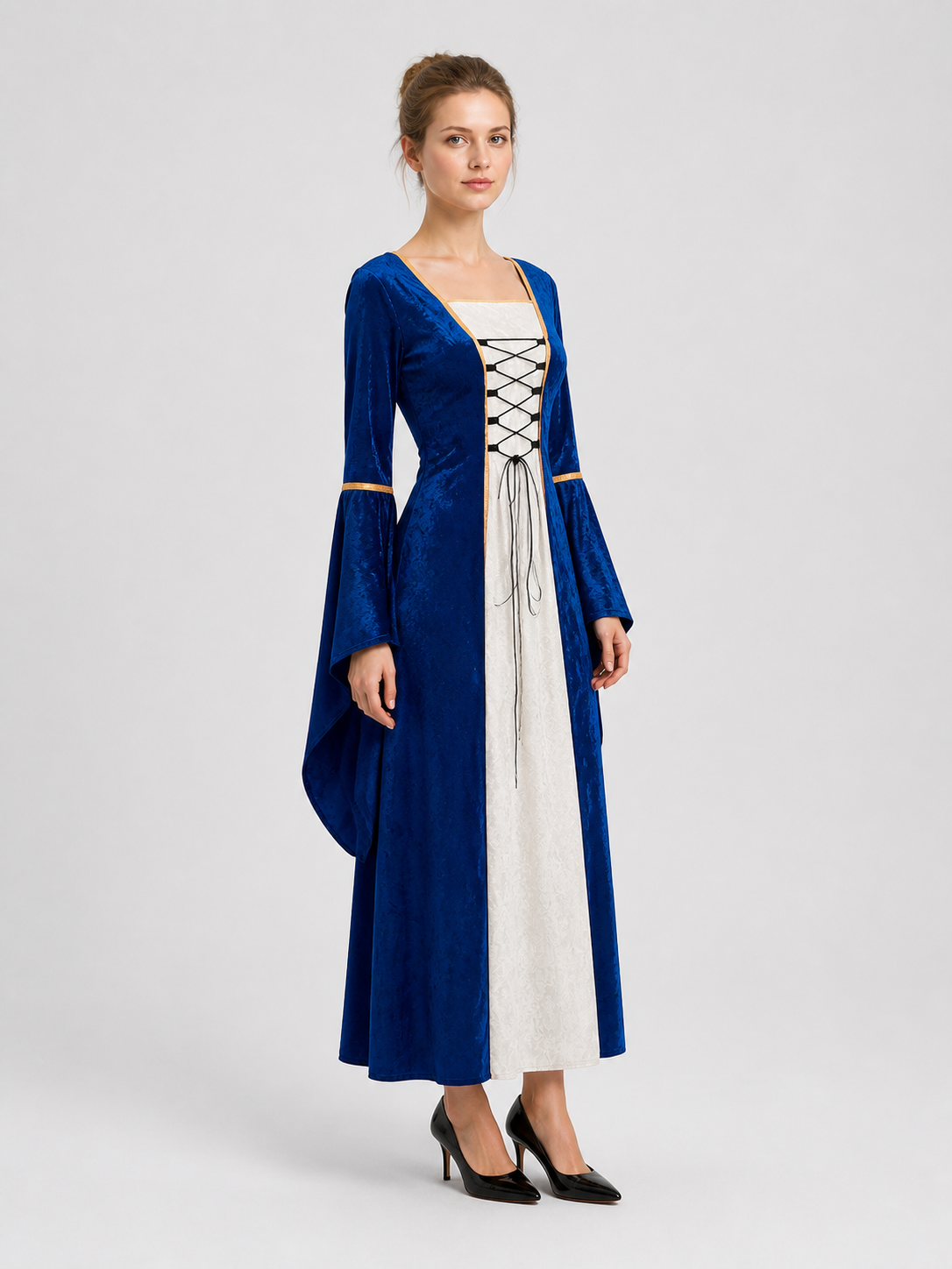 Retro-Style Dress with Flared Sleeves and Lace-Up Detail side view