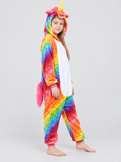 Hooded Pajama Jumpsuit with Horn, Ears, and Rainbow Print