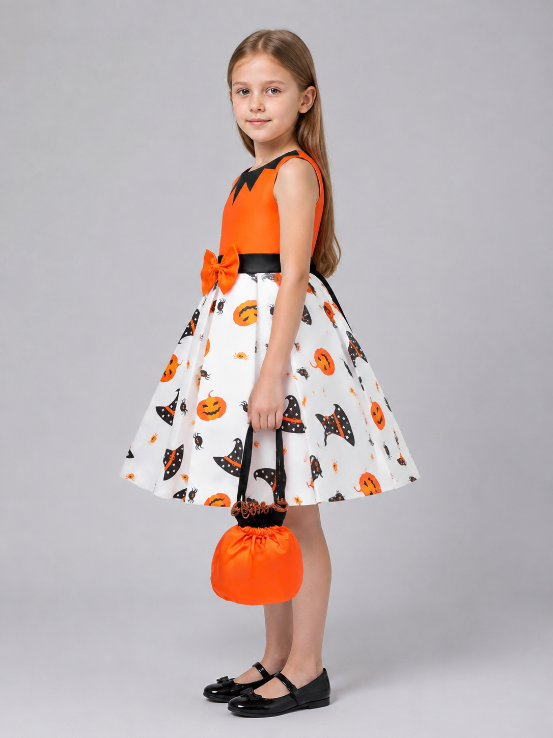 Children's Halloween Costume Dress with Orange Handbag side view