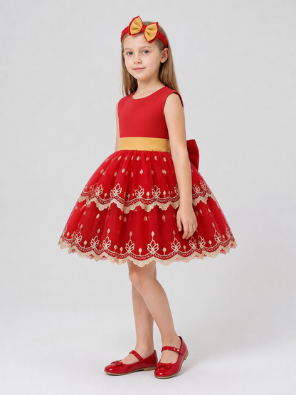 Children’s princess dress with a full skirt and gold embroidery side view