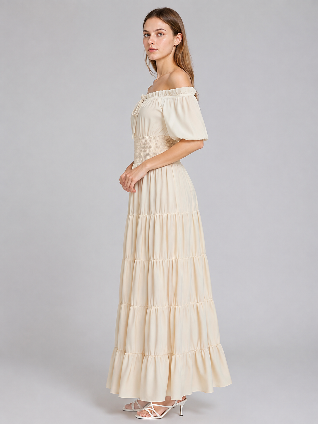 Beige Off-the-Shoulder Floor-Length Dress side view