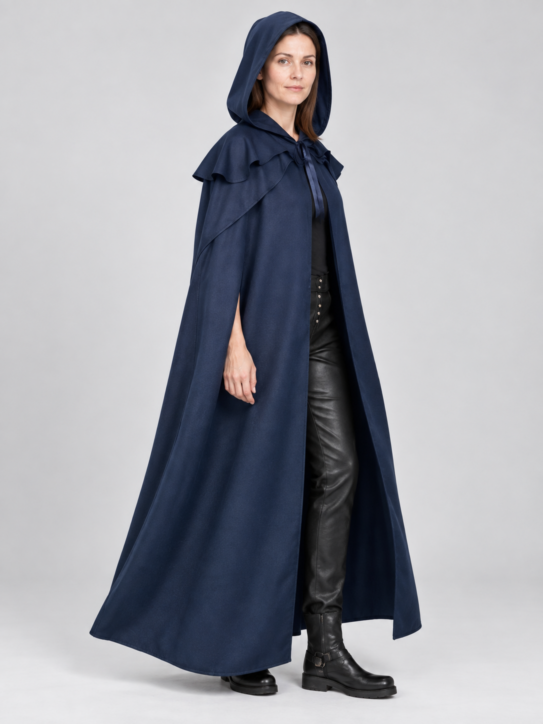 Blue Long Hooded Cloak with Tie Straps