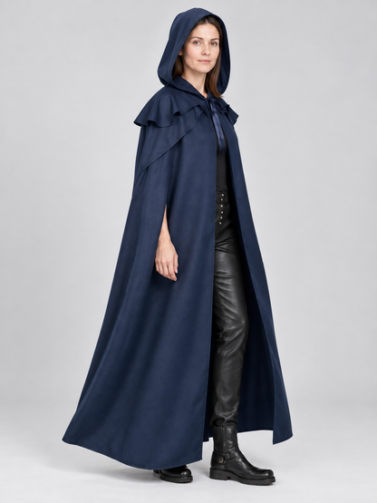 Blue Long Hooded Cloak with Tie Straps