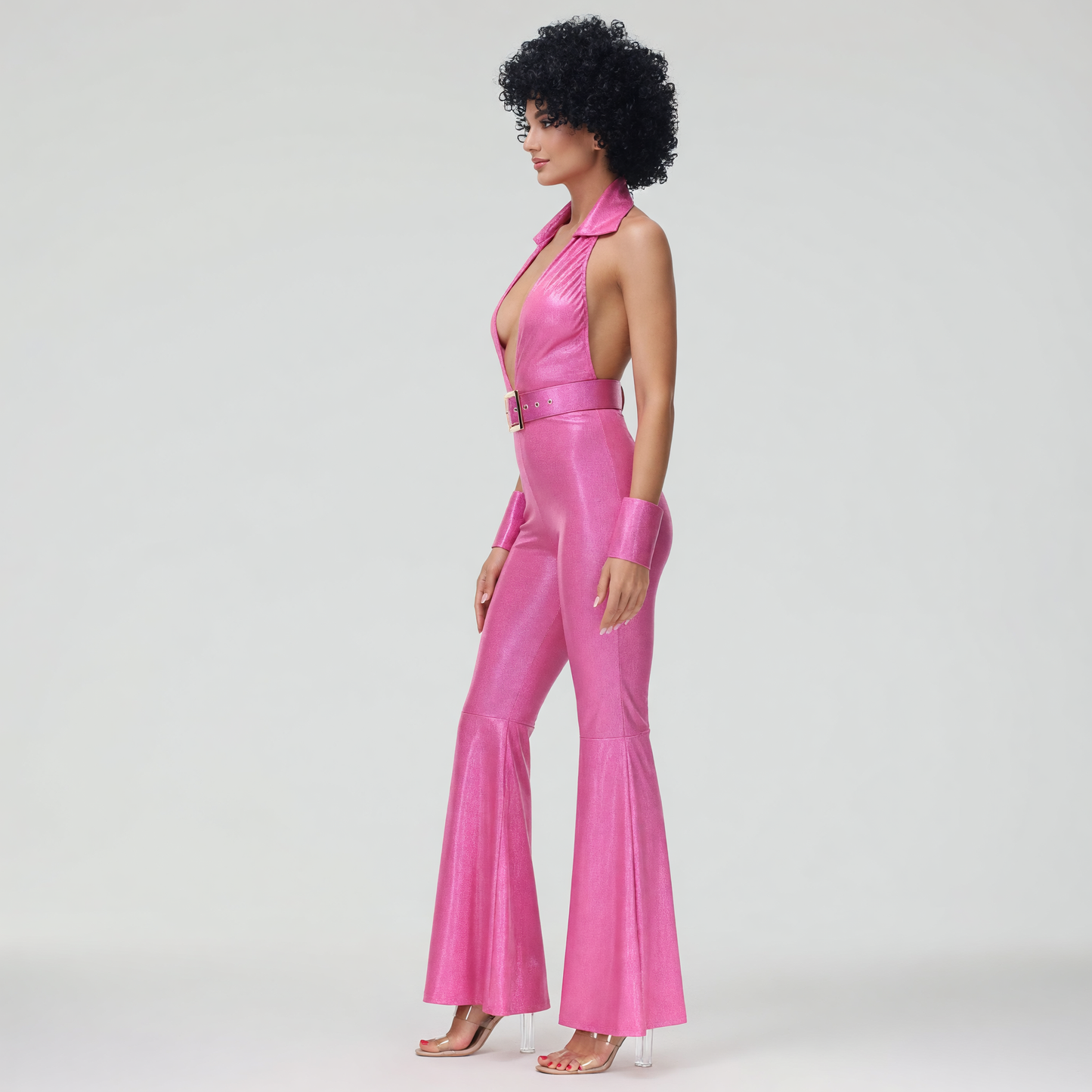 Pink 1980s-Style Flared Jumpsuit