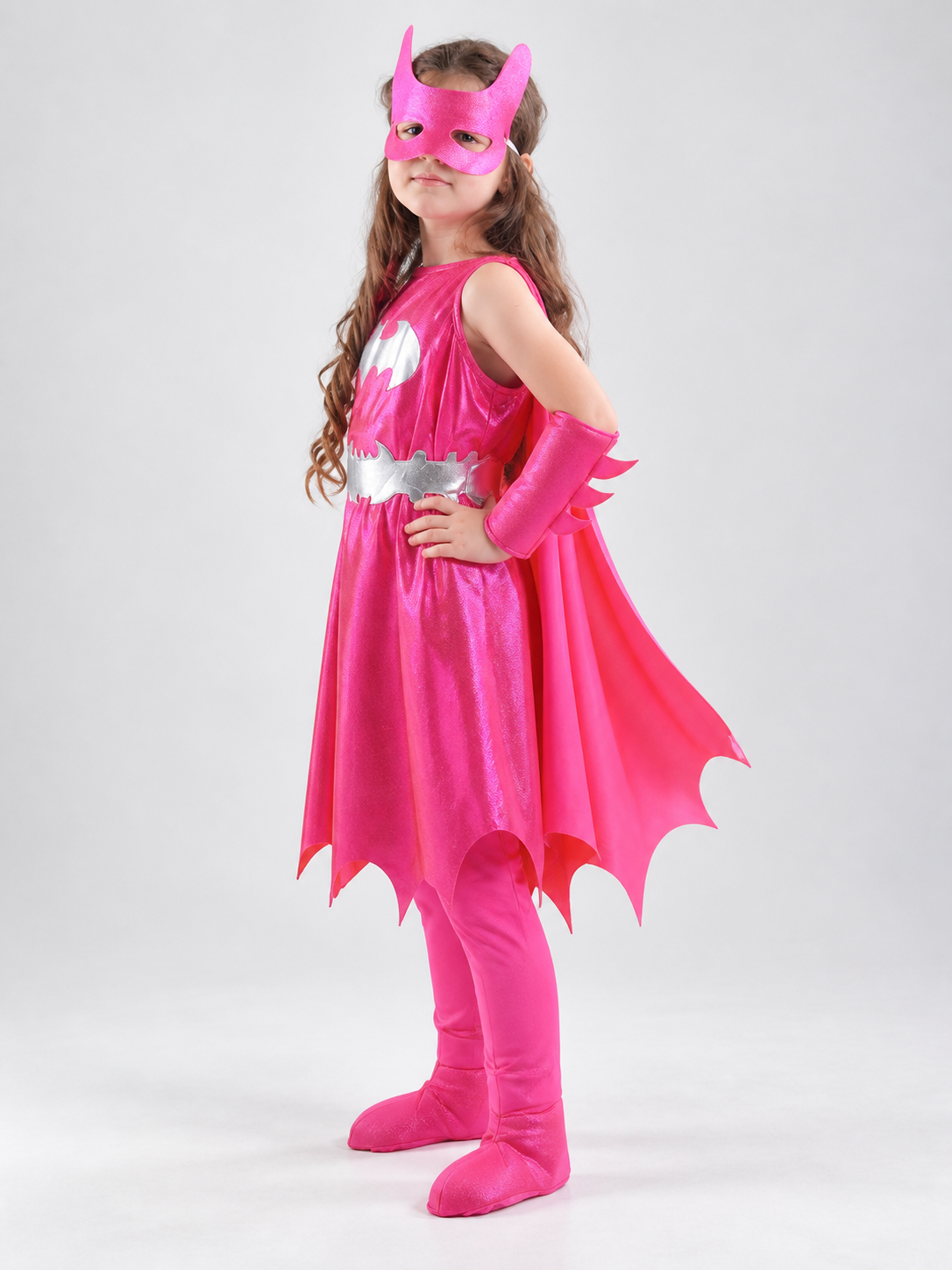 Children’s superhero costume with mask and cape side view
