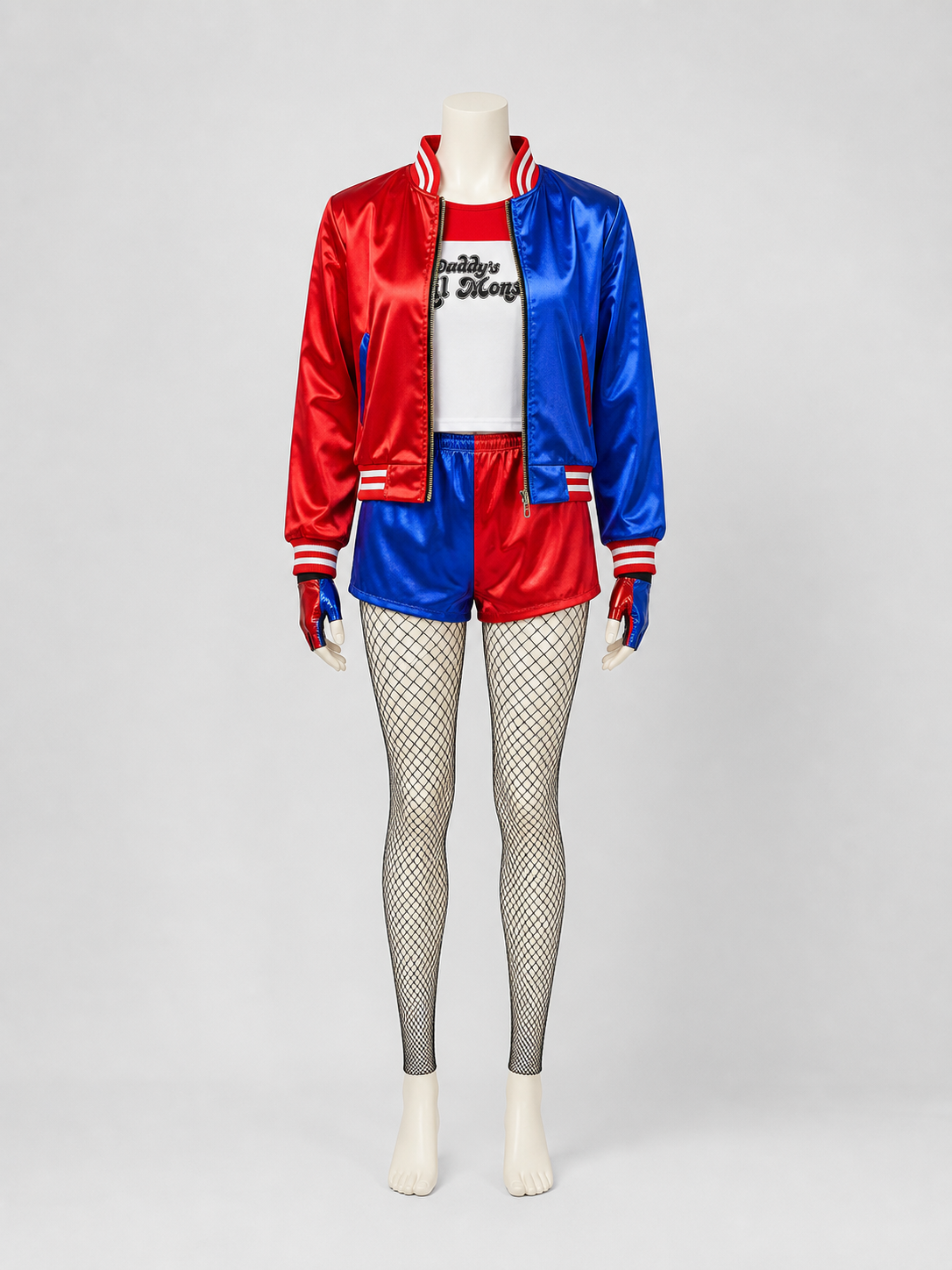 Harley Quinn Costume: Jacket, Shorts, Gloves, and Tights side view