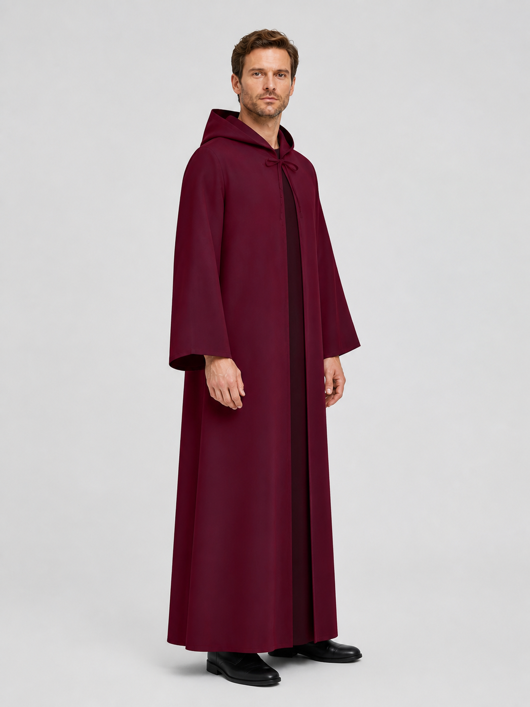 Burgundy Long Hooded Robe with a Relaxed Fit side view