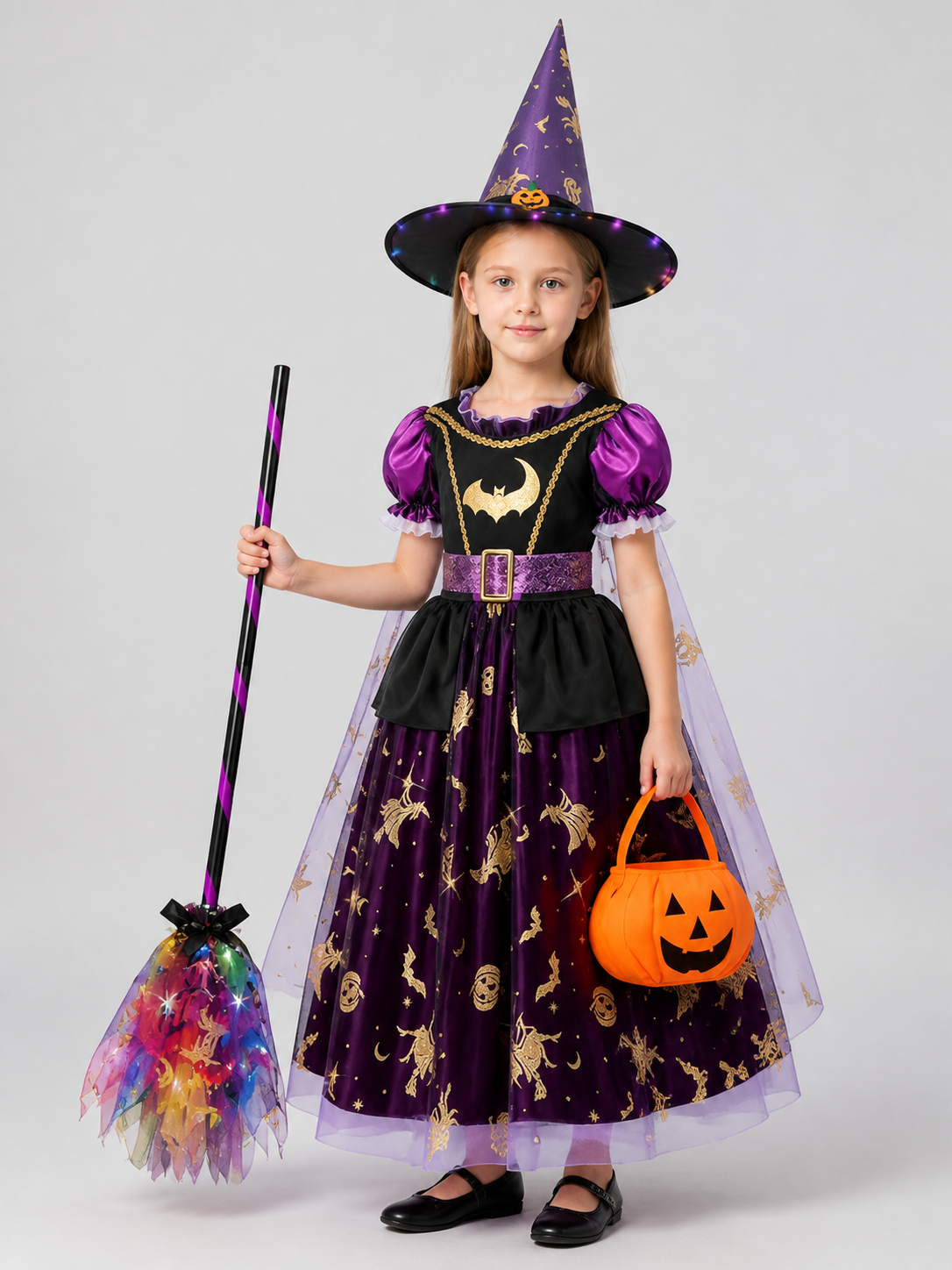 Witch Costume with Hat, Bag, and Broom side view