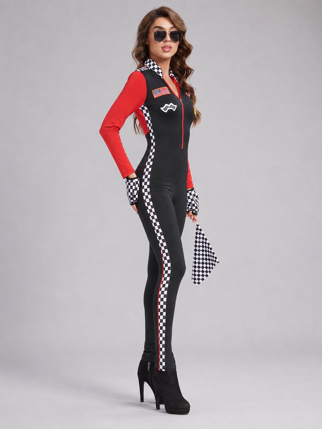 Racing-Style Zip-Up Jumpsuit, Red and Black