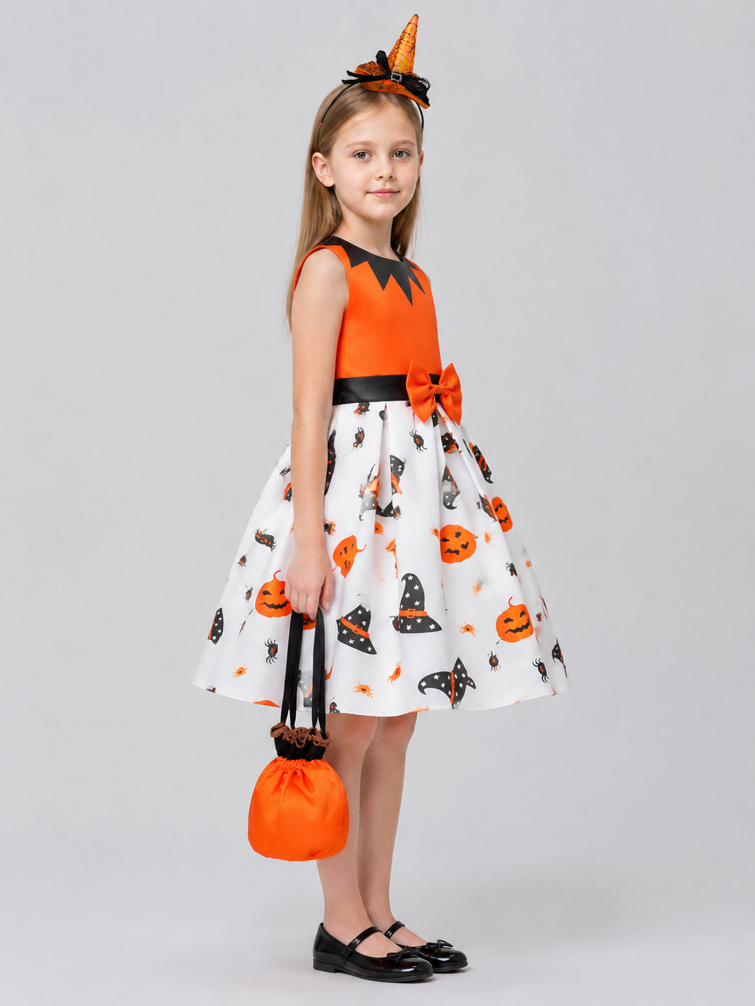 Children's Halloween Costume Dress with Pumpkin Print side view