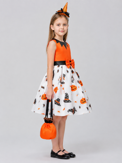Children's Halloween Costume Dress with Pumpkin Print side view