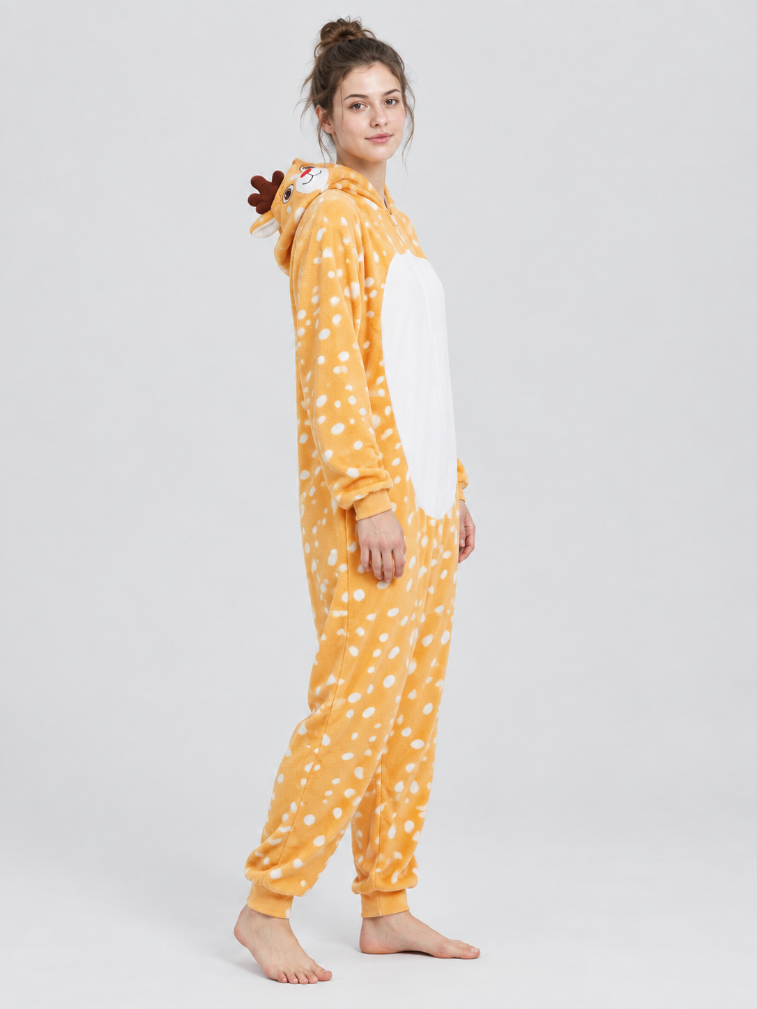 Yellow-Orange Fleece Pajama Jumpsuit with White Spots
