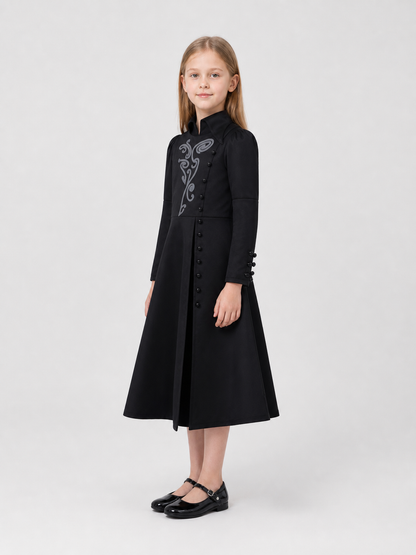 Black Elphaba Cosplay Dress, Long Sleeves, Buttons side view