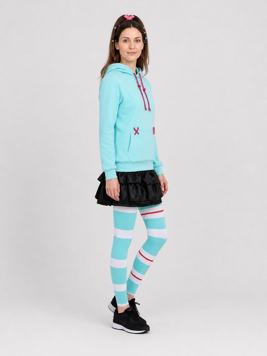 Vanellope Cosplay Costume: Hoodie, Skirt-Shorts, Knee-High Socks side view