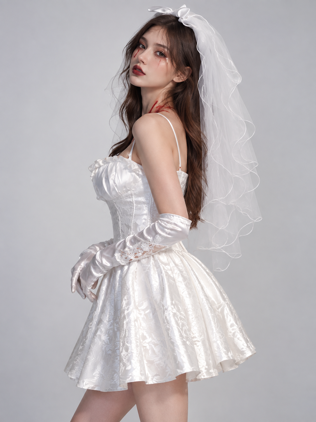 Ghost Bride Halloween Costume White with Veil and Blood