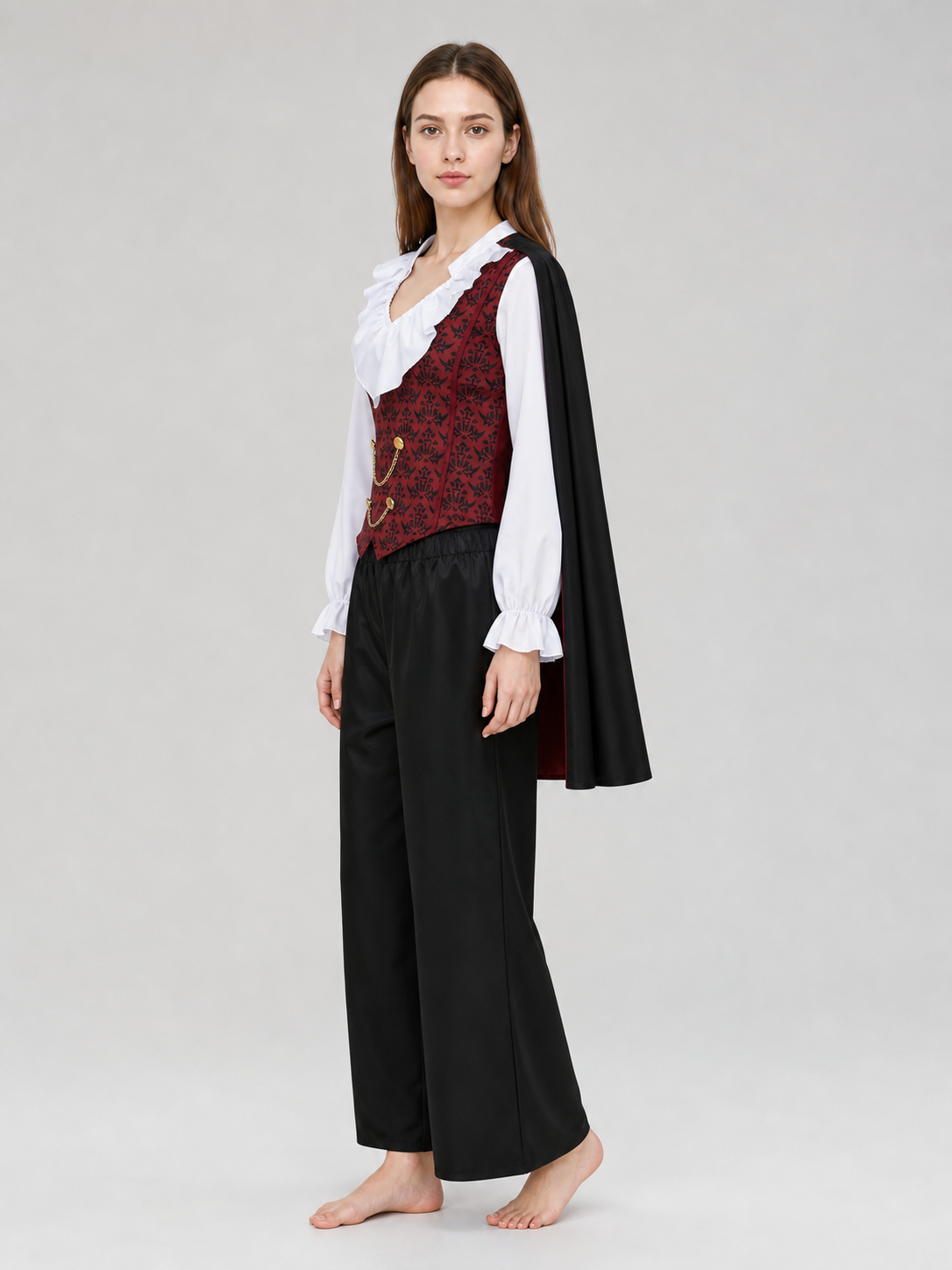 Cosplay costume with cape, chain, and trim