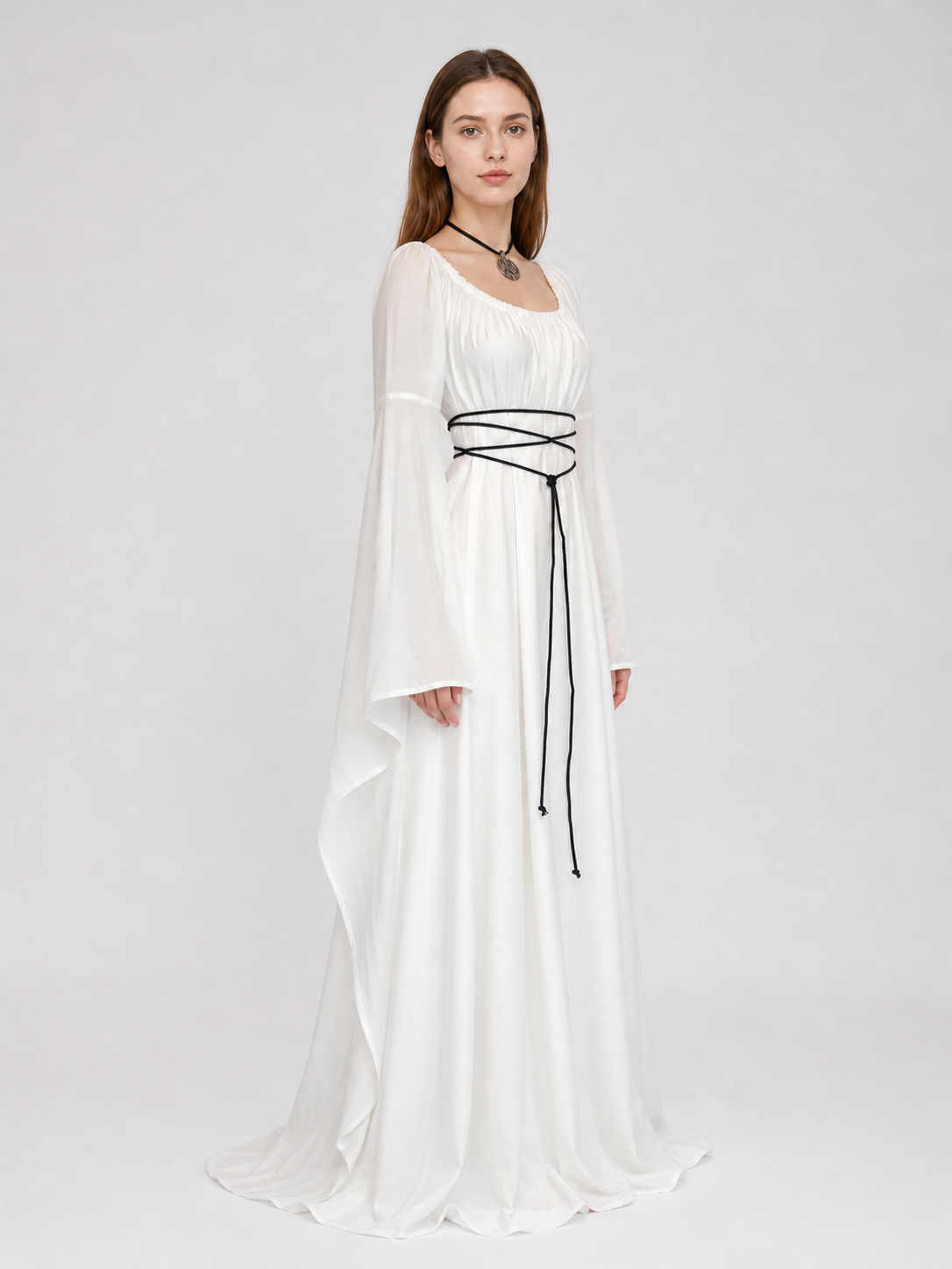 Long White Dress with Flared Sleeves and Lace-Up Detail