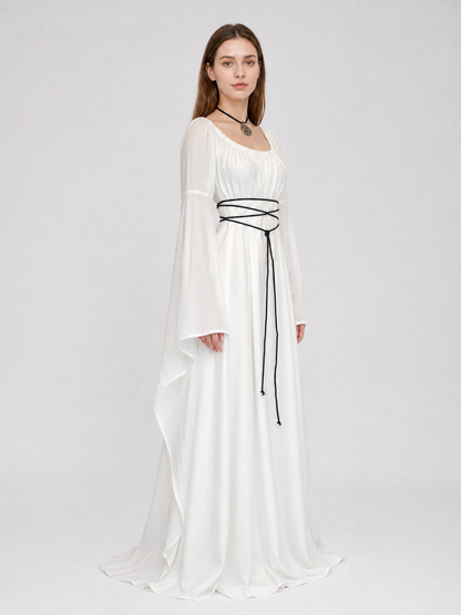 Long White Dress with Flared Sleeves and Lace-Up Detail