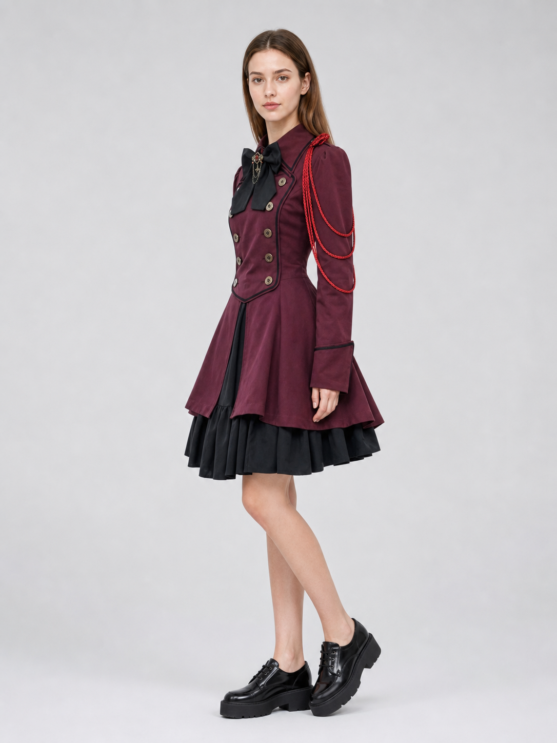 Gothic burgundy dress with sleeves and a bow