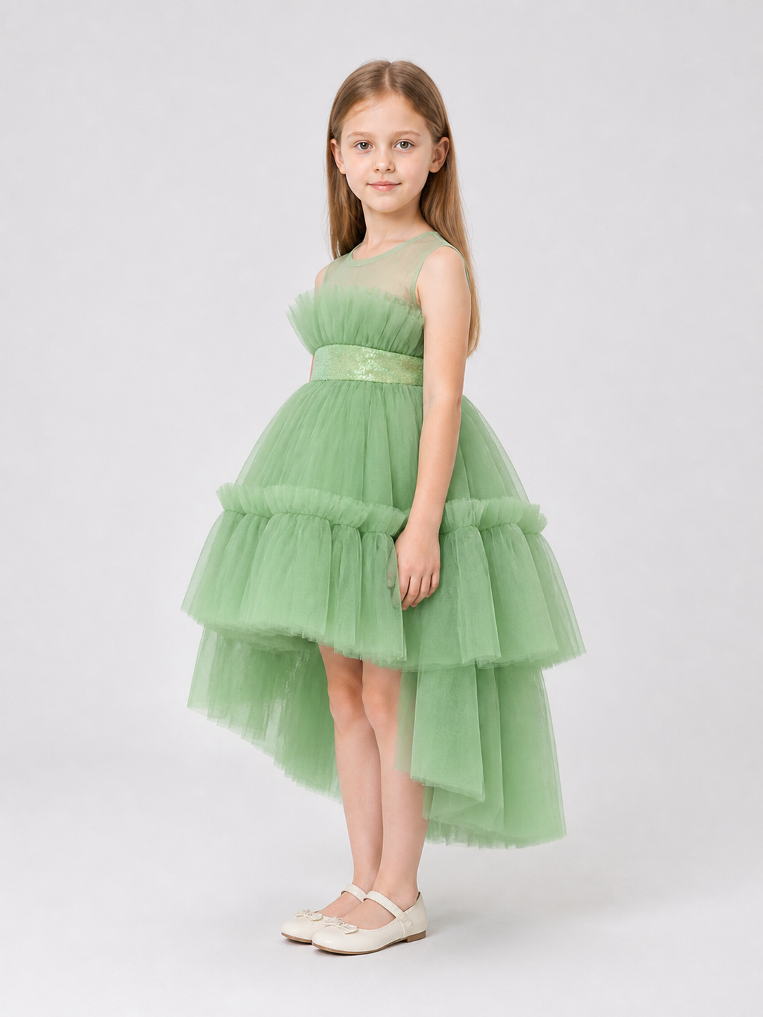 Girls' Mesh Princess Dress with a Full Skirt side view